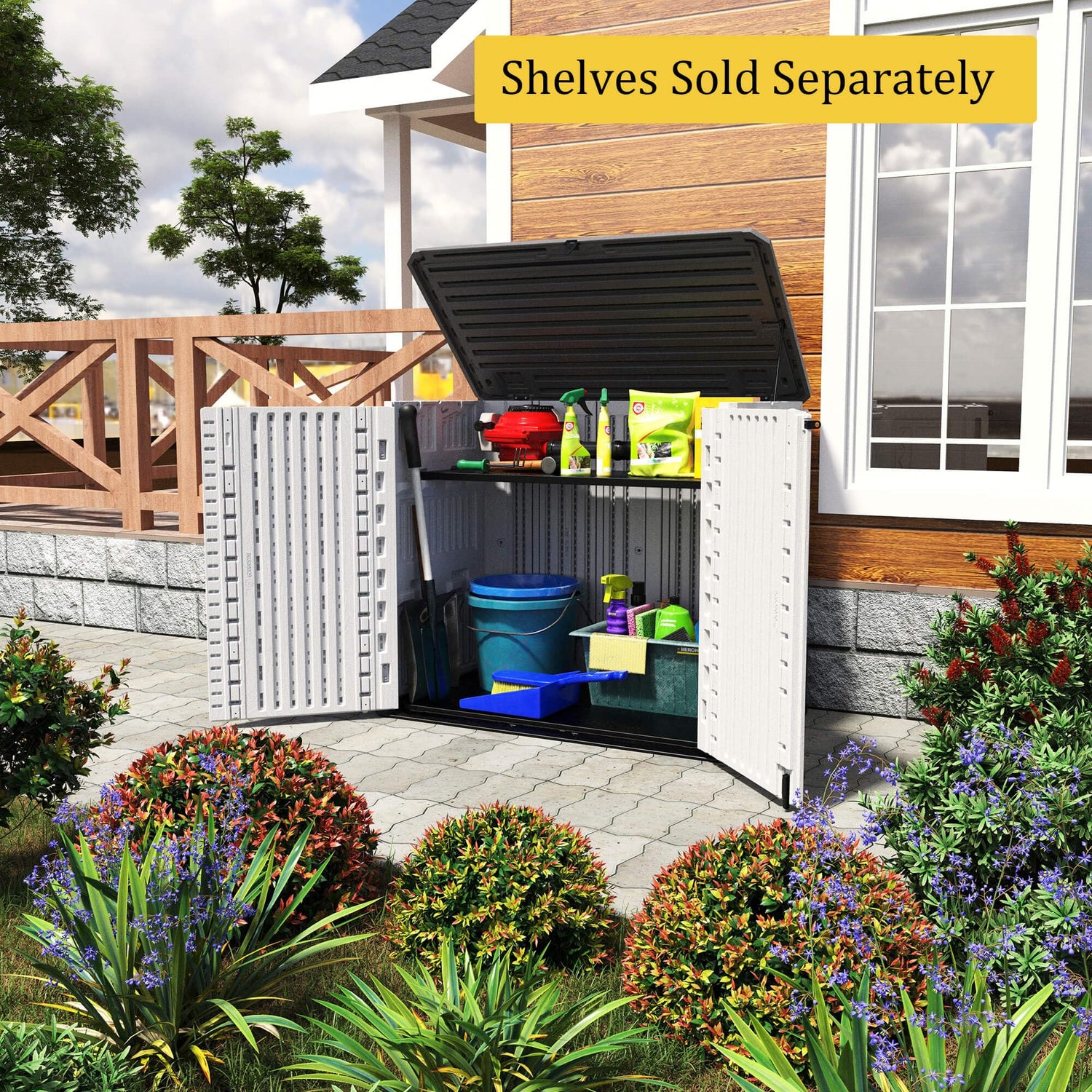 HOMSPARK Outdoor Storage Shed Weather Resistance, Thickened Resin Outdoor Storage Cabinet, 4×2.5×3.4 FT Horizontal Storage Shed for Garden, Patio, HOMSPARK