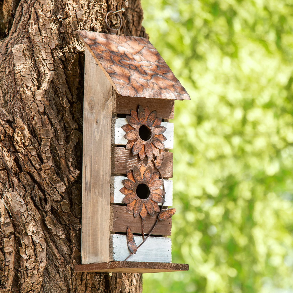 glitzhome GH90090 Hanging Two-Tiered Wooden Birdhouse with Flowers, Brown White glitzhome