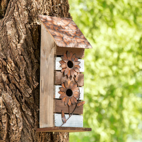 glitzhome GH90090 Hanging Two-Tiered Wooden Birdhouse with Flowers, Brown White glitzhome