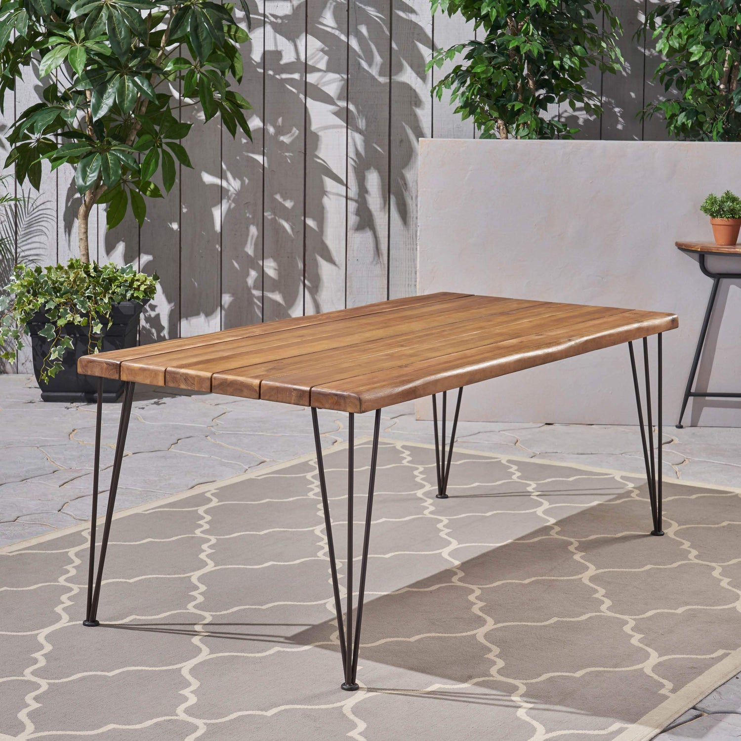 Christopher Knight Home Kama Patio Dining, Rectangular, 72", Acacia Wood Table Top, Rustic Iron Hairpin Legs, Teak Finish, Metal Christopher Knight Home