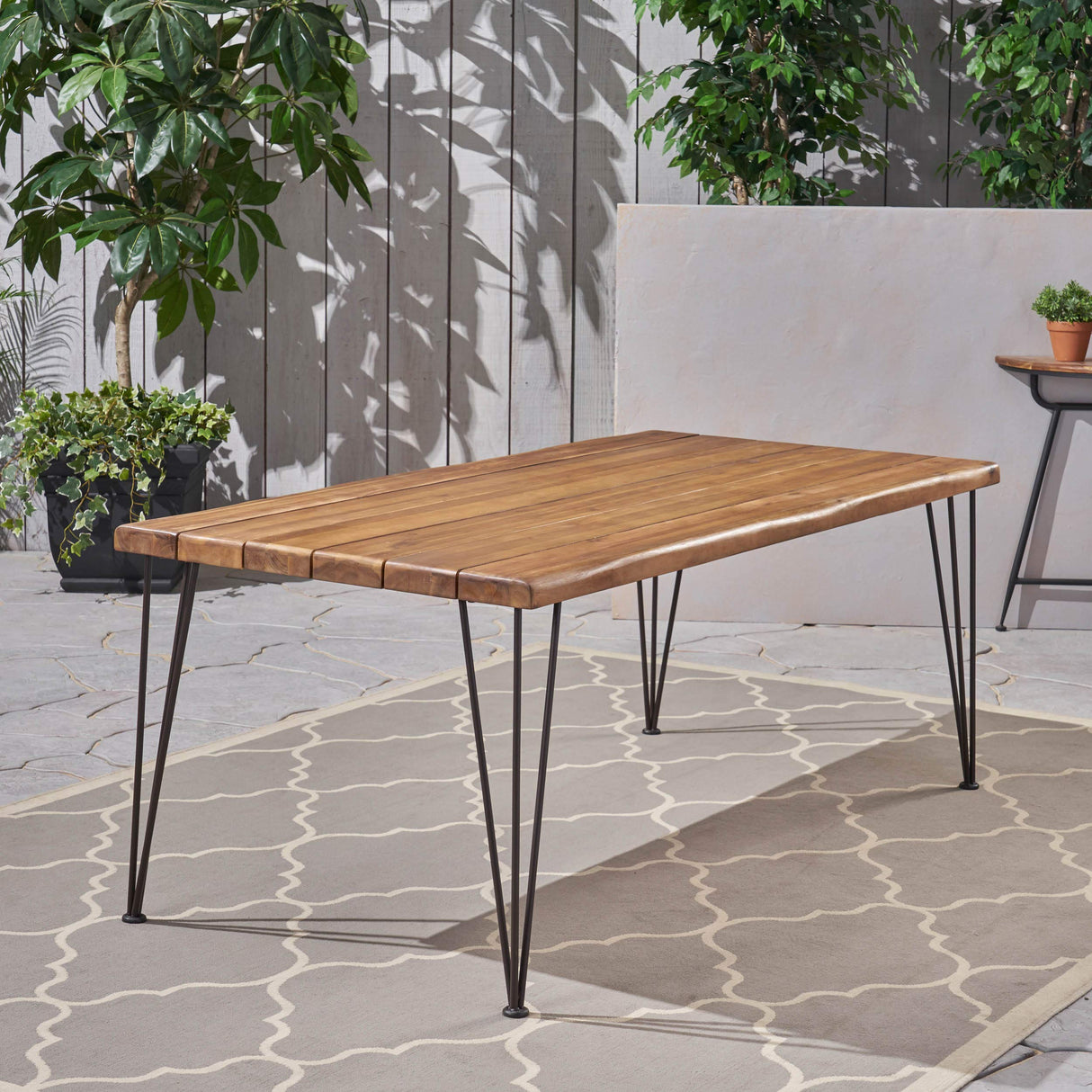 Christopher Knight Home Kama Patio Dining, Rectangular, 72", Acacia Wood Table Top, Rustic Iron Hairpin Legs, Teak Finish, Metal Christopher Knight Home