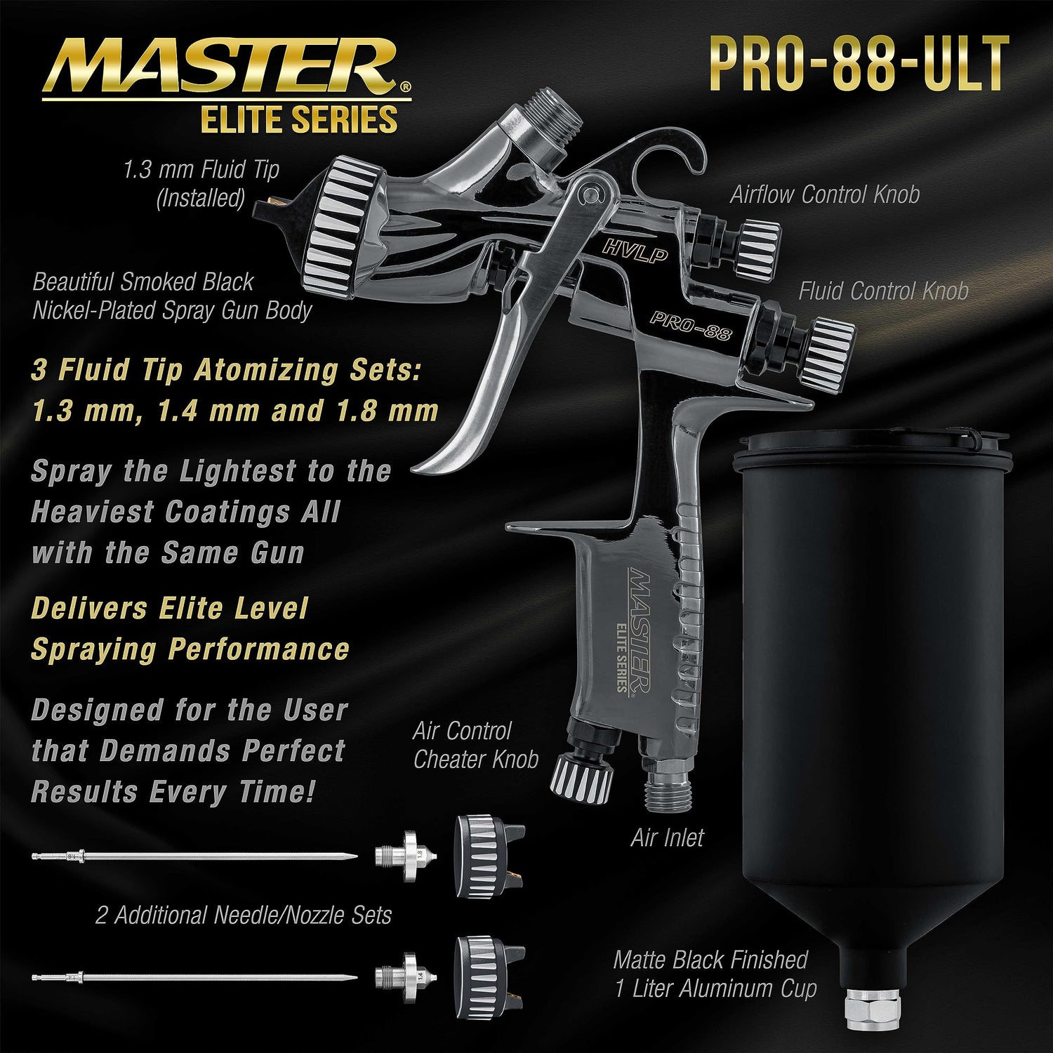 Master Elite Performance PRO-88 Series HVLP Spray Gun Ultimate Kit with 3 Fluid Tip Sets 1.3, 1.4 and 1.8mm and Air Pressure Regulator Gauge, MPS Cup Master Airbrush
