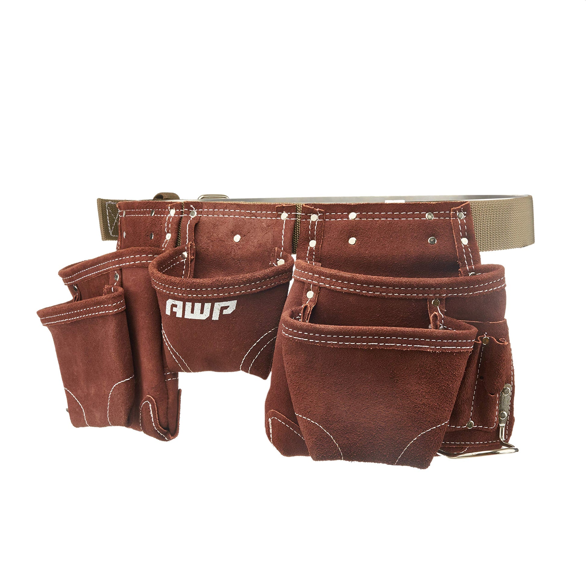 AWP Suede Leather General Construction Tool Pouch Apron | 11-Pocket Tool Organization Work Belt | Brown | Fits Up to 50" Waist Size - WoodArtSupply