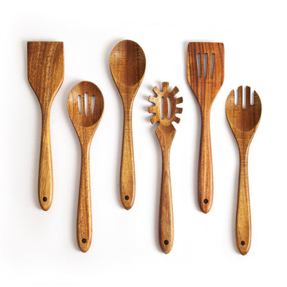 Wooden Spoons for Cooking - 6 Piece Non Stick Wooden Spoon Set - Natural Wood Kitchen Utensils - Wooden Spoons, Spatula Set, Slotted Spoon & Pasta