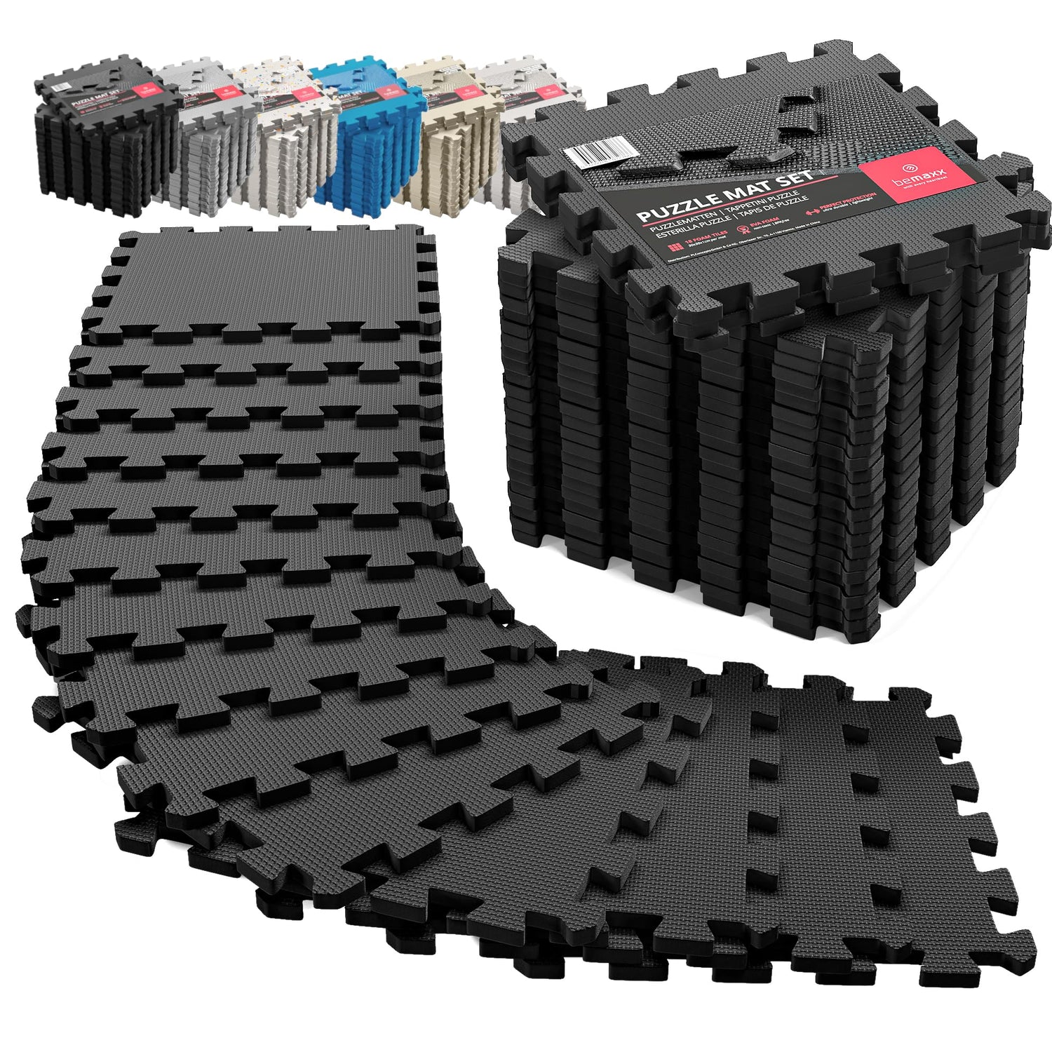 Gym Flooring Set - Interlocking EVA Soft Foam Floor Mat, 18 Pieces Puzzle Rubber Tiles Protective Ground Surface Protection, Play Workout Exercise BeMaxx