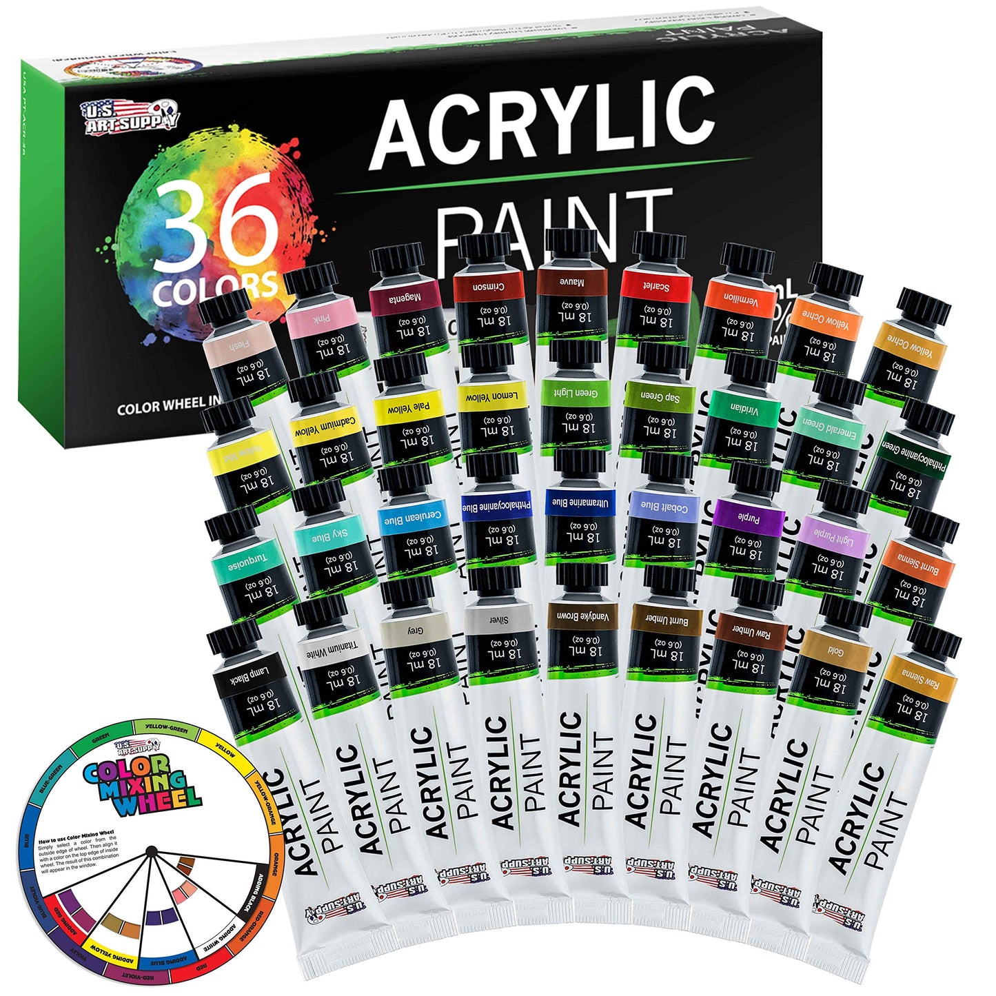 U.S. Art Supply Professional 36 Color Set of Acrylic Paint in Large 18ml Tubes - Rich Vivid Colors for Artists, Students, Beginners - Canvas Portrait