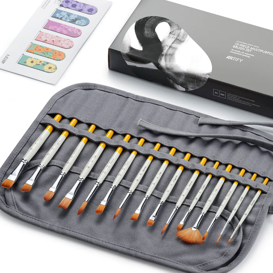 ARTIFY 15 Pieces Paint Brush Set, Expert Series, Enhanced Synthetic Brush Set with Canvas Roll and Special Bookmarks for Acrylic, Oil, Watercolor and