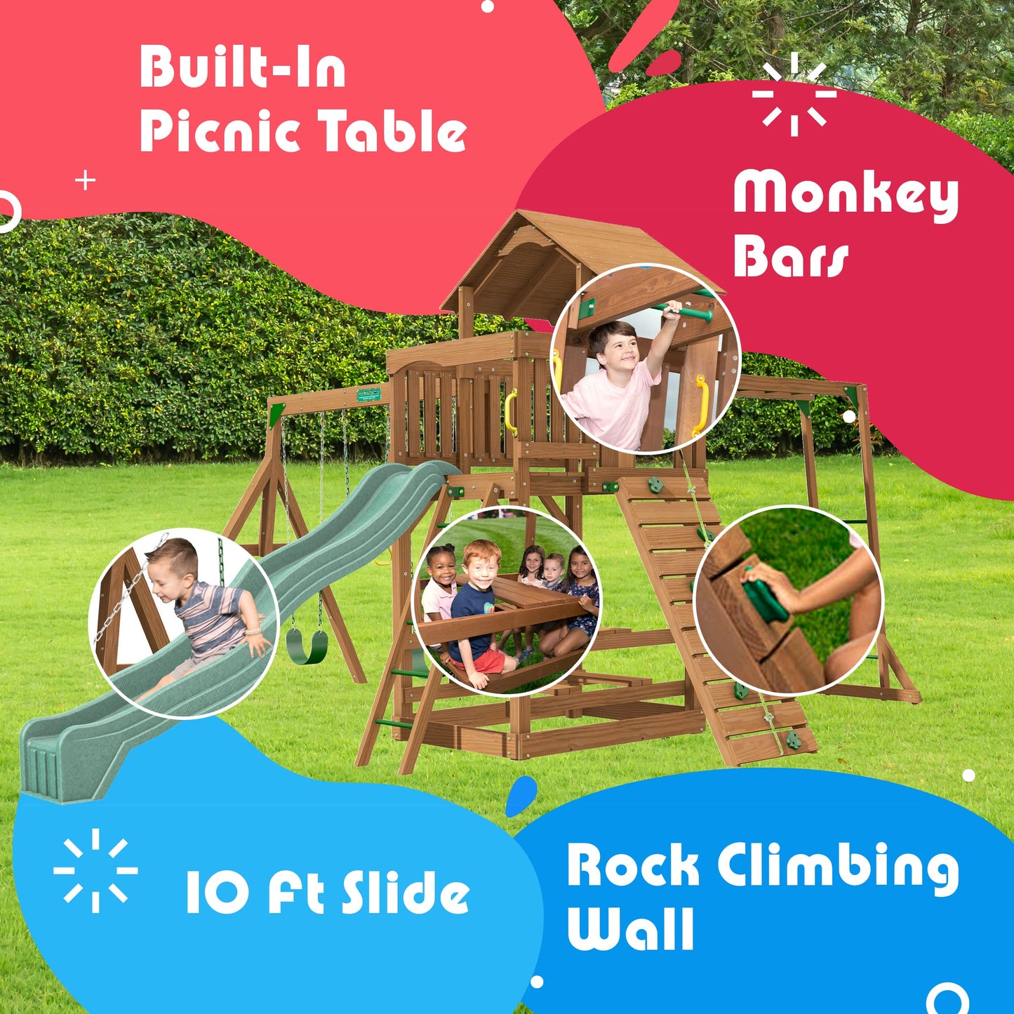 Creative Playthings Spring Hill Wooden Swing Set with Monkey Bars (Made in The USA), Includes Kids Climbing Wall, Monkey Bars, Playground Swings and