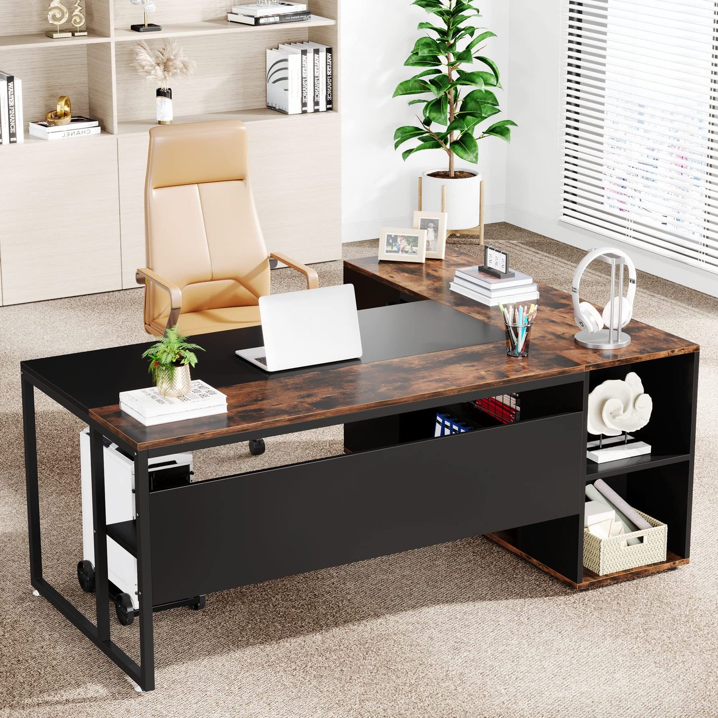 Tribesigns 71 inch Executive Desk, L Shaped Desk with Cabinet Storage, Executive Office Desk with Shelves, Business Furniture Desk Workstation for - WoodArtSupply