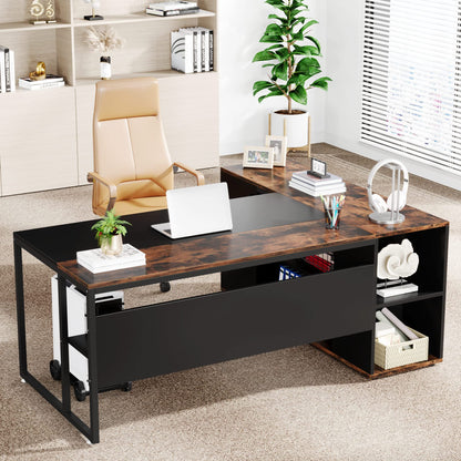 Tribesigns 71 inch Executive Desk, L Shaped Desk with Cabinet Storage, Executive Office Desk with Shelves, Business Furniture Desk Workstation for - WoodArtSupply