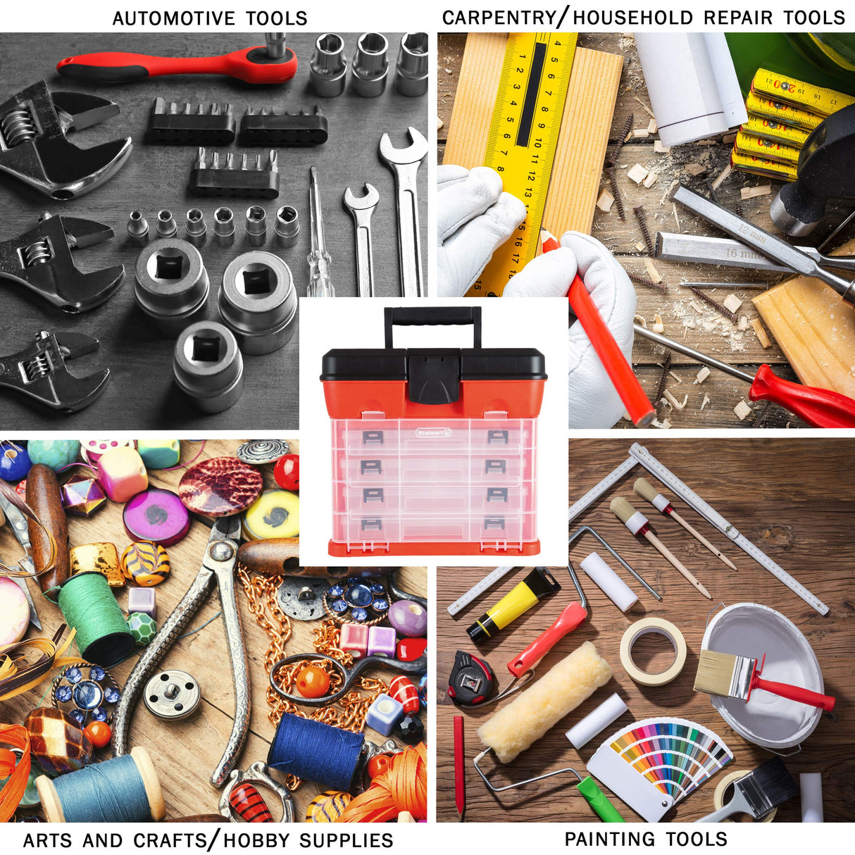 Storage Tool Box - Portable Multipurpose Organizer With Main Top Compartment and 4 Removable Multi-Compartment Trays by Stalwart,Red,11 in x 7 in x Stalwart