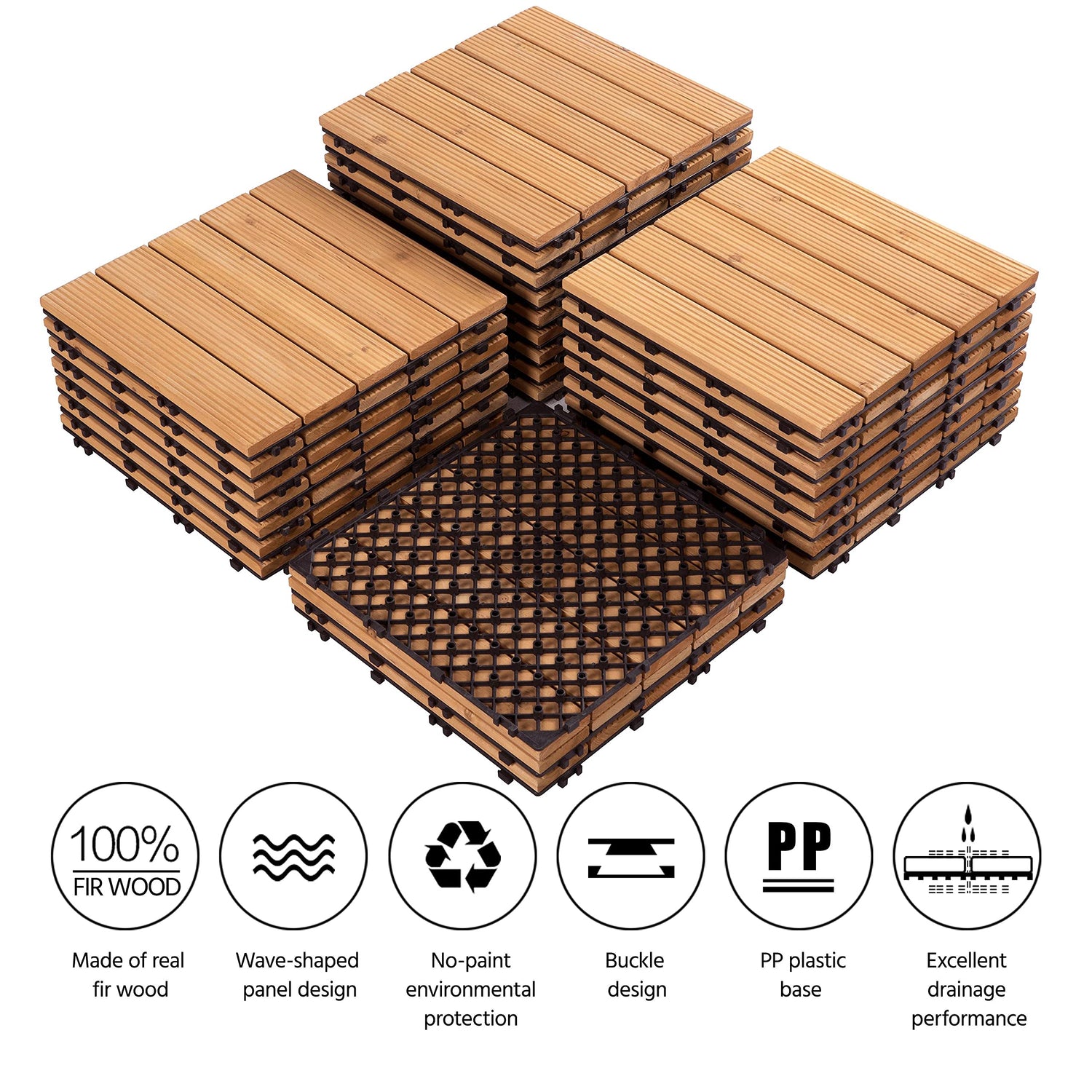 Yaheetech 27PCS Interlocking Patio Deck Tiles Outdoor Flooring for Garden Poolside Fir Wood Indoor Natural Wood Yaheetech