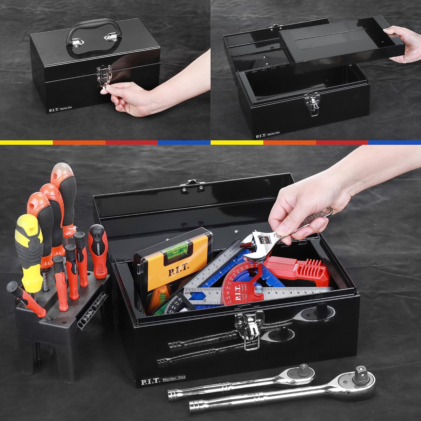 P.I.T. Portable 12” Heavy Duty Steel Tool Box with Metal Latch, Black Hand Carry Tool Cases for Tools Storage