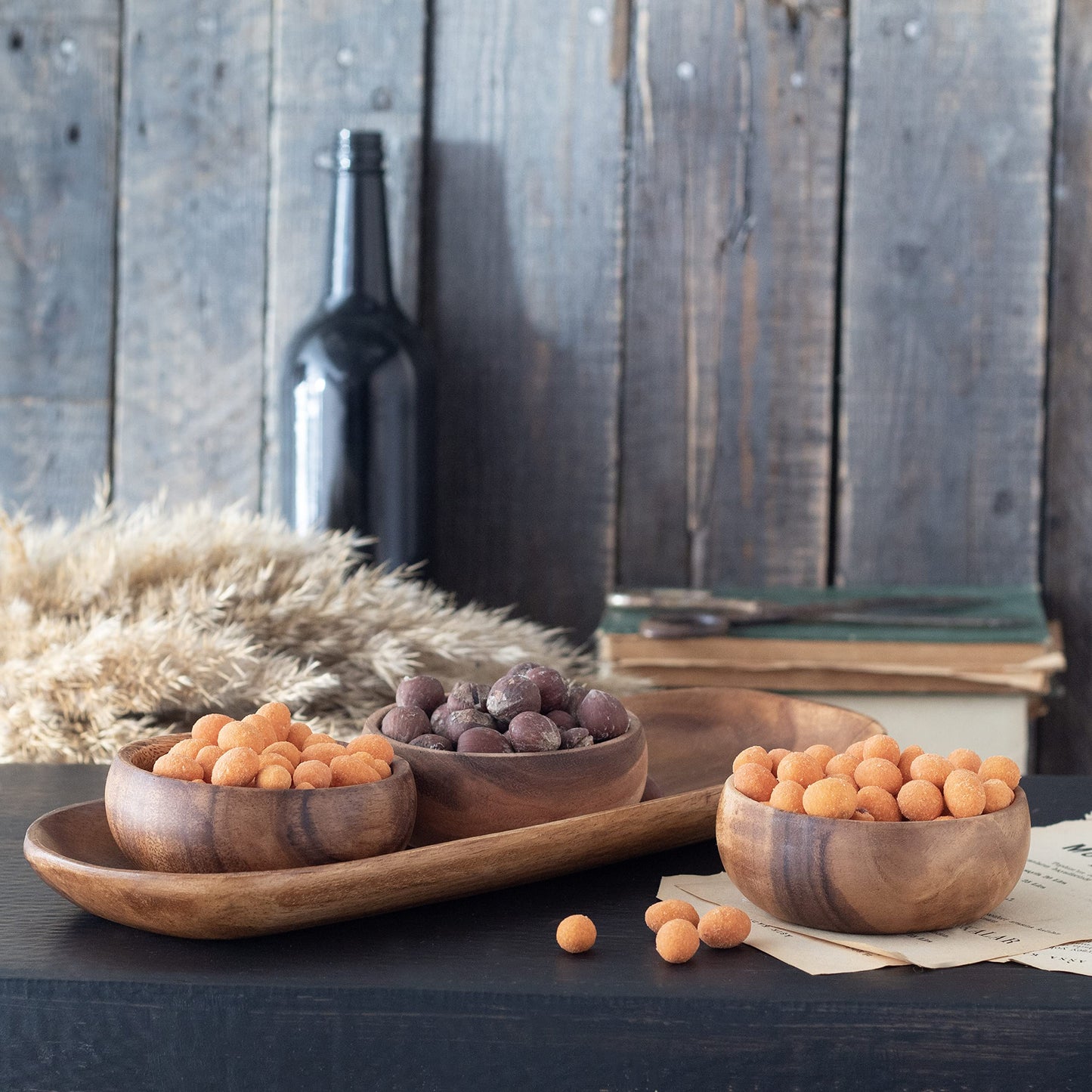 cintika Hand-Carved Set of 4 Acacia Calabash Bowls with Baguette Tray. Durable Wooden Bowl Set. Snack, nut, dip bowl. - Wooden Dinnerware set. 4" - WoodArtSupply