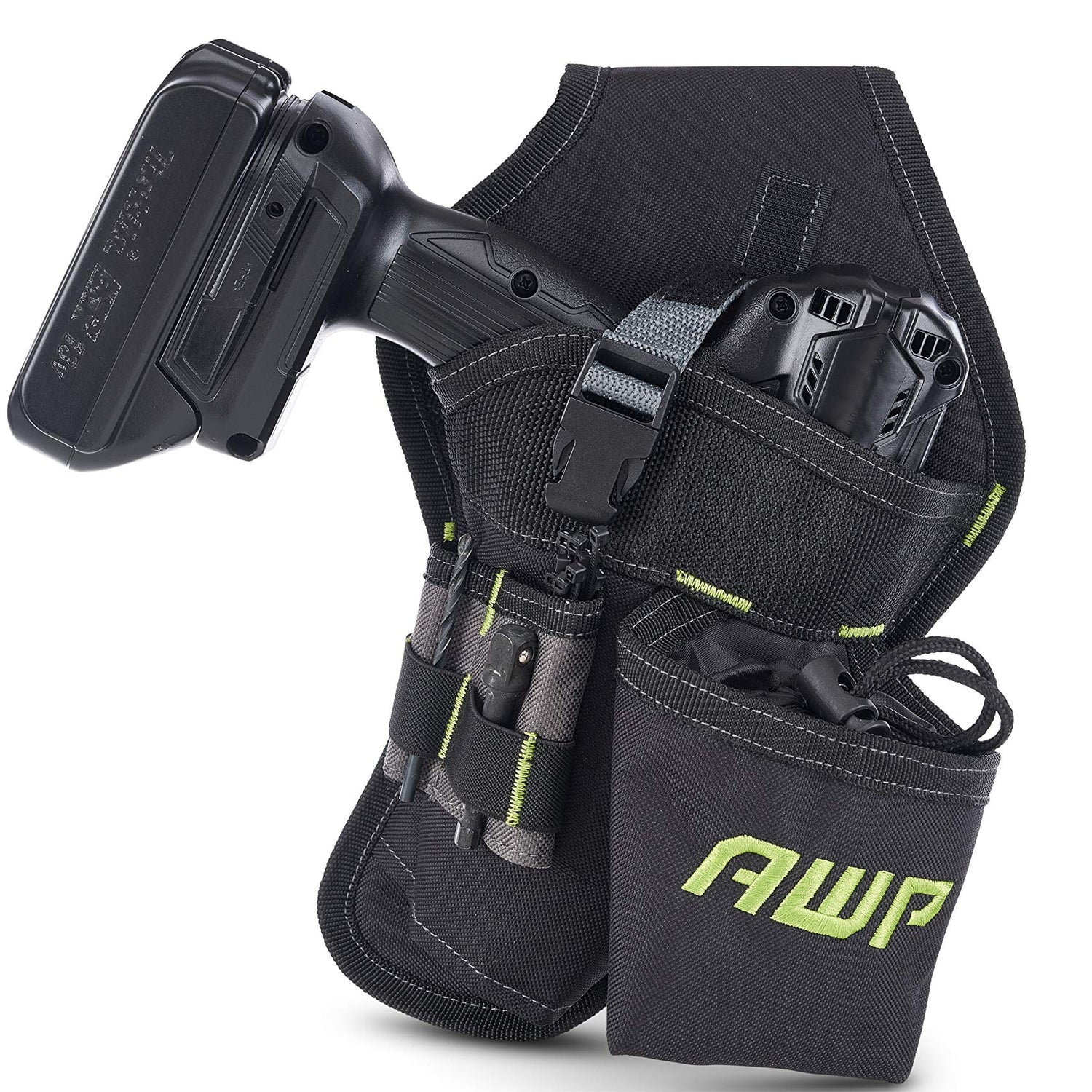 AWP Angled Drill Holster | Heavy-Duty Polyester Drill Holster Designed to Sit on Belt and Hold Weight Evenly | Black | Fits Most Drills AWP