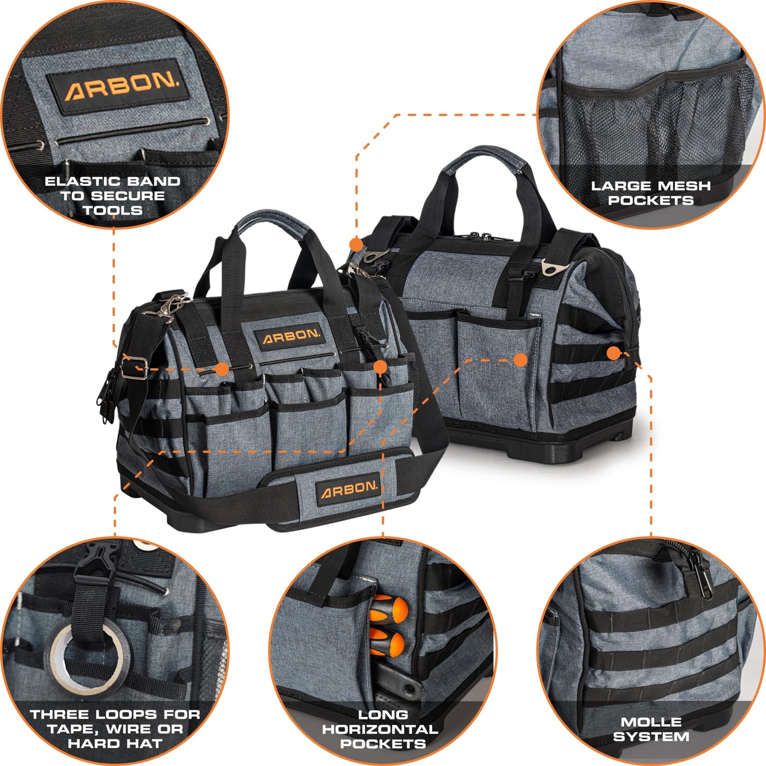 ARBON Tool Bag 16 Inch with Molded Base MOLLE System Heavy Duty Open Mouth Top Large Toolbag Tote Box Bags Storage Organizer for Men and Women Arbon