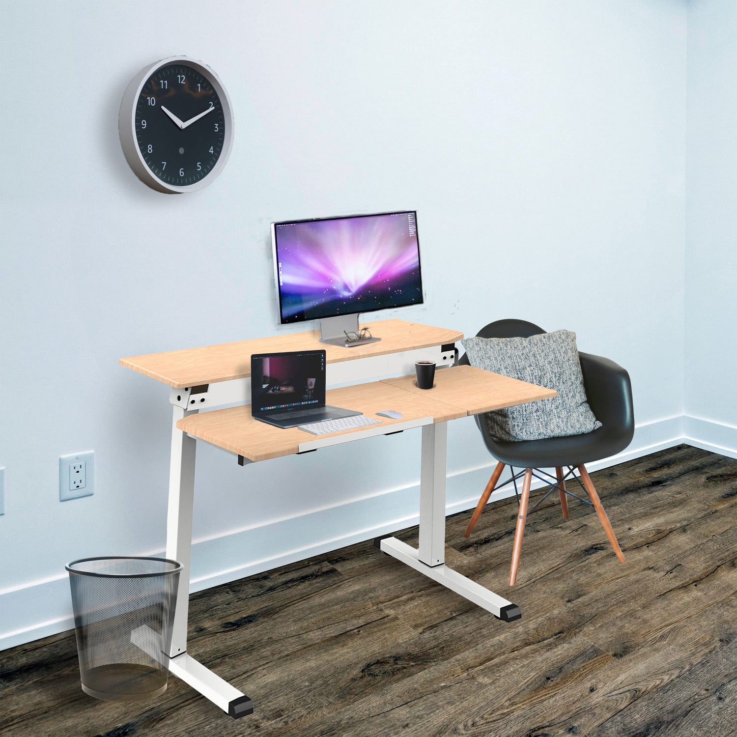 Stand Up Desk Store 48" Crank Adjustable Height Split Level Drafting Table Ergonomic Desk with Monitor Shelf (White/Birch) S Stand Up Desk Store