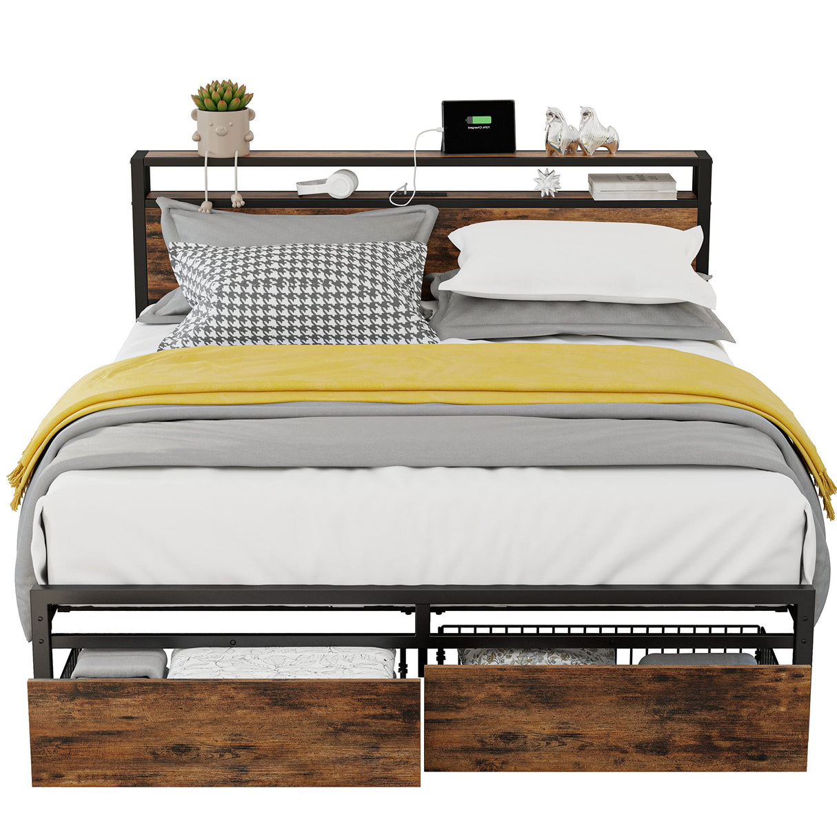 Stylish LIKIMIO Queen Bed Frame with Storage Headboard, Drawers, and Charging Station in Vintage Brown LIKIMIO
