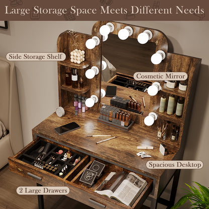 Mu Vanity Desk with Mirror & Lights, Makeup Vanity Table with 9 LED Lights 2 Drawers and 4 Storage Shelves, Vintage Vanity Set Makeup Table for