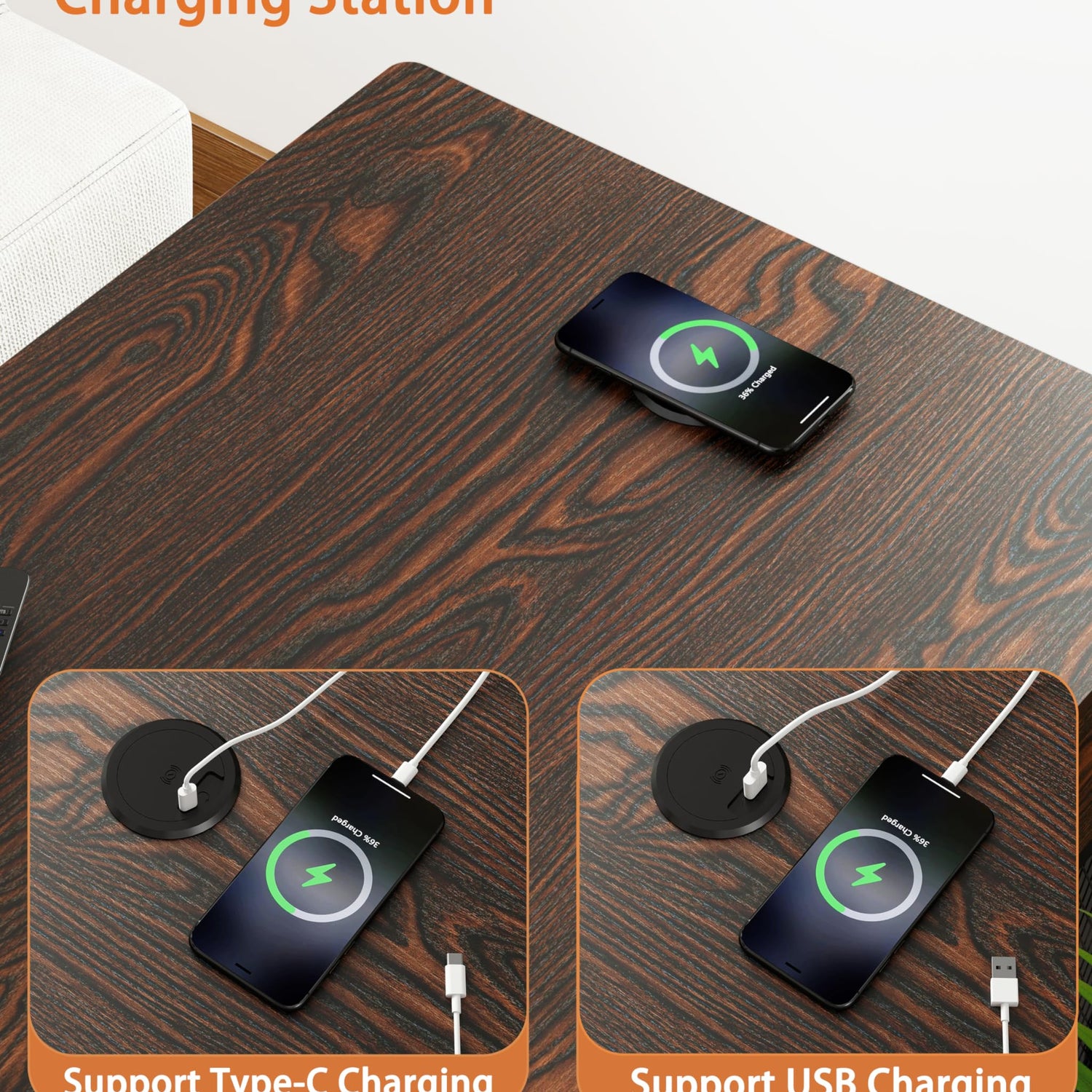 Piskyet Dog Crate Furniture,Wooden Dog Crate End Table with Storage Drawer&Cushion&Tray, QC3.0 Wireless Fast Charging&Dual USB, Dog Crate Indoor Piskyet