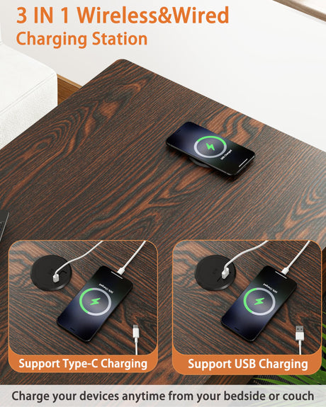 Piskyet Dog Crate Furniture,Wooden Dog Crate End Table with Storage Drawer&Cushion&Tray, QC3.0 Wireless Fast Charging&Dual USB, Dog Crate Indoor Piskyet
