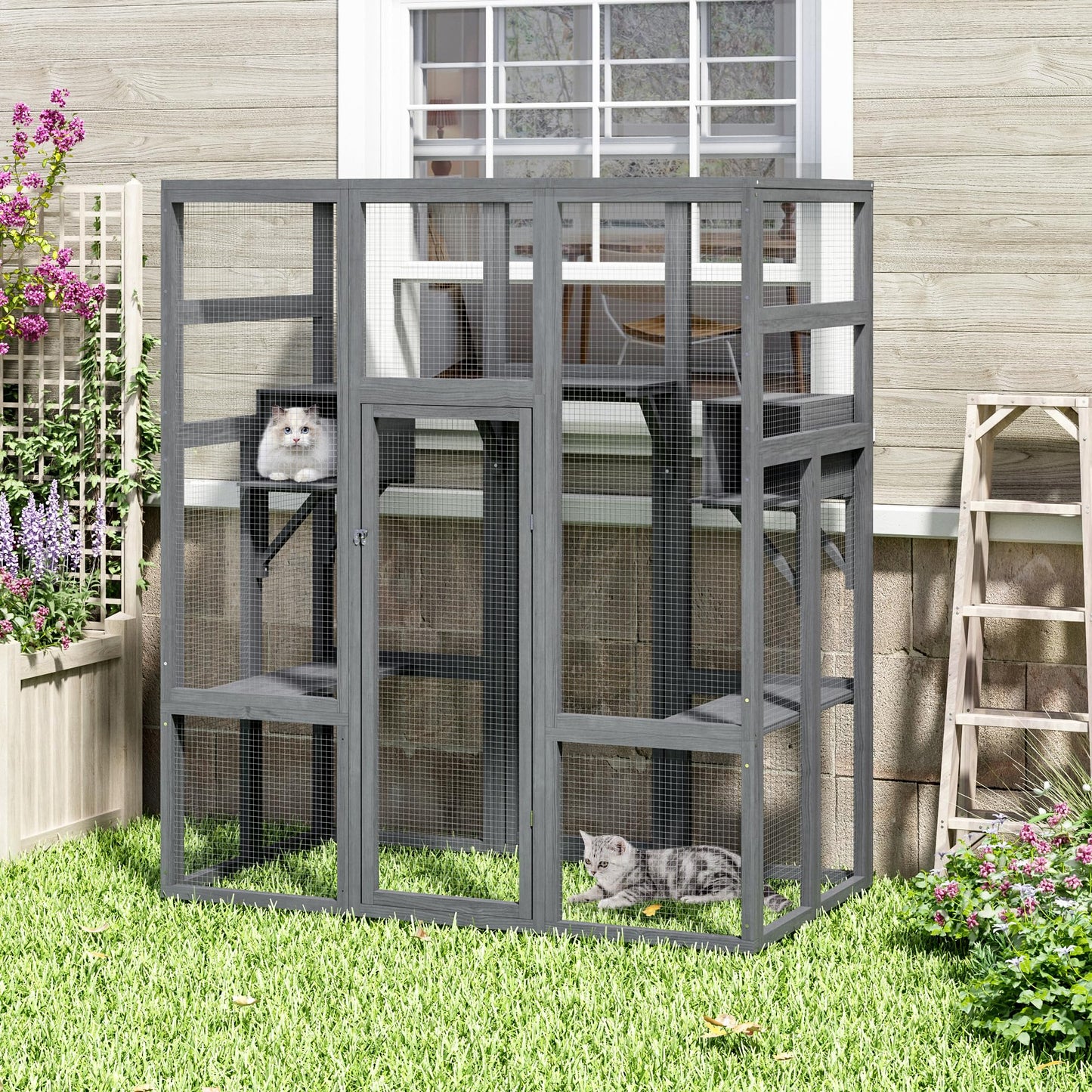 COZIWOW Outdoor Cat House Wooden Catio Enclosure - Large Cat Cage with Platforms and Condos, Weatherproof Roof, Grey, 62.5(L)*32.4(W)*70(H)