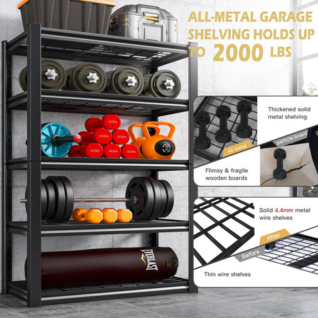 REIBII Garage Shelving Heavy Duty Storage Shelves Holds 2000LBS, Adjustable Metal Shelving Garage Storage Shelves Garage Shelf Industrial Shelving REIBII