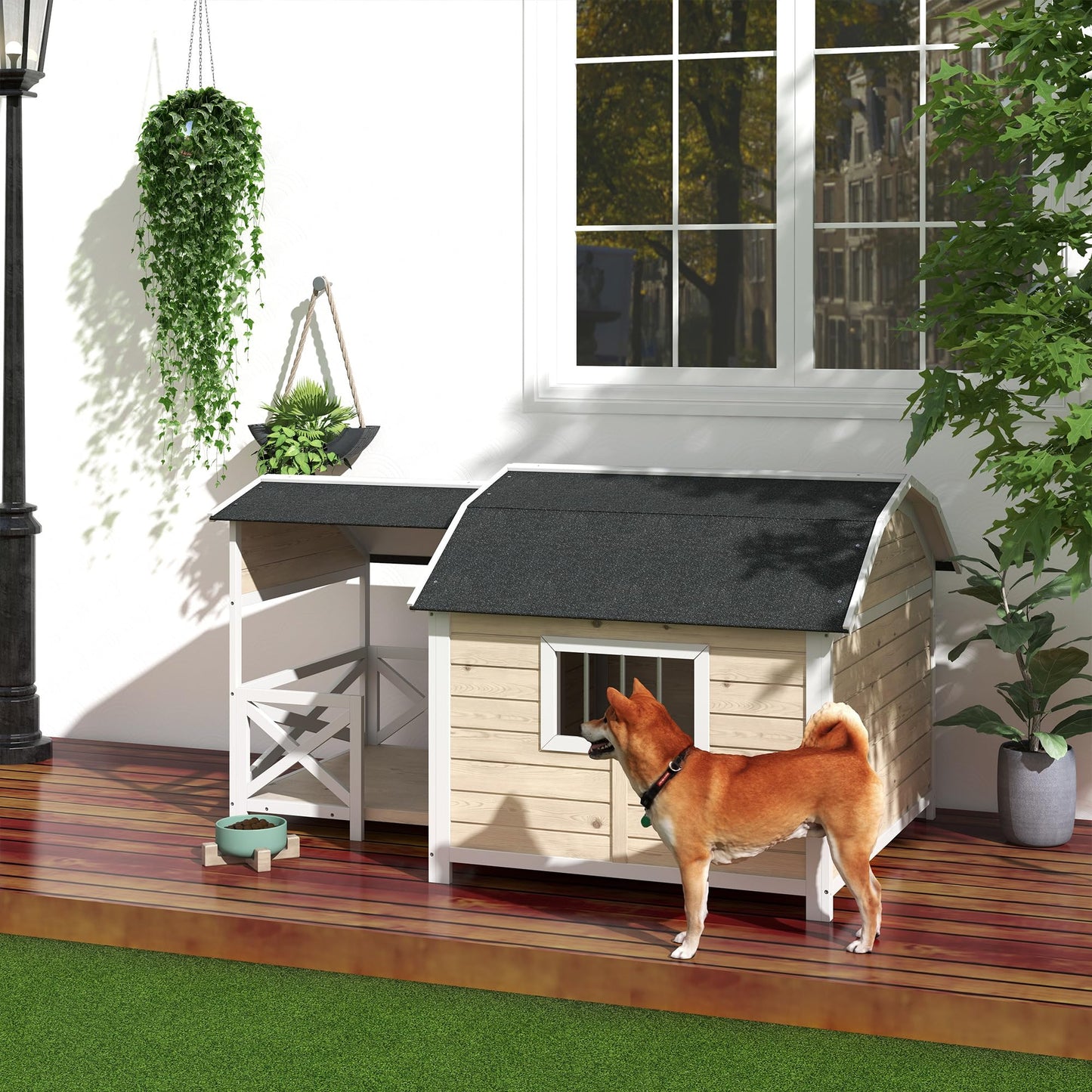 PawHut Wooden Dog House Outdoor with Porch, Raised Pet Kennel for Medium Large Dogs, with Asphalt Roof, Front Door, Side Windows, Gray - WoodArtSupply