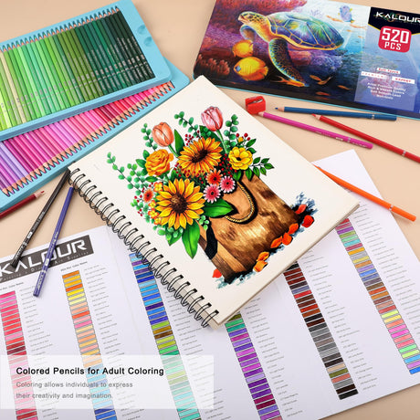 KALOUR Pro Colored Pencils,Set of 520 Colors,Artists Soft Core with Vibrant Color,Ideal for Drawing Sketching Shading,Coloring Pencils for Adults KALOUR