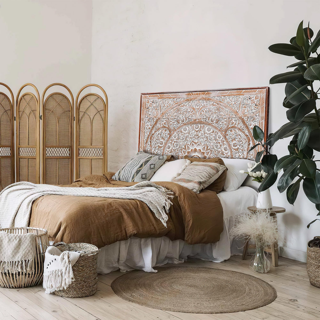 King Wood Headboard White Wash | Carved Full Headboard Only | Wooden Headboard Full Size Bed | Wall Mount Headboard King | Full Bed Headboard Panels KultureDeco