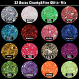 Teenitor Glitter, Rave Festival Chunky and Fine Glitter Mix,32 Colors Iridescent Loose Glitter, Cosmetic Makeup Face Body Hair Glitter Teenitor