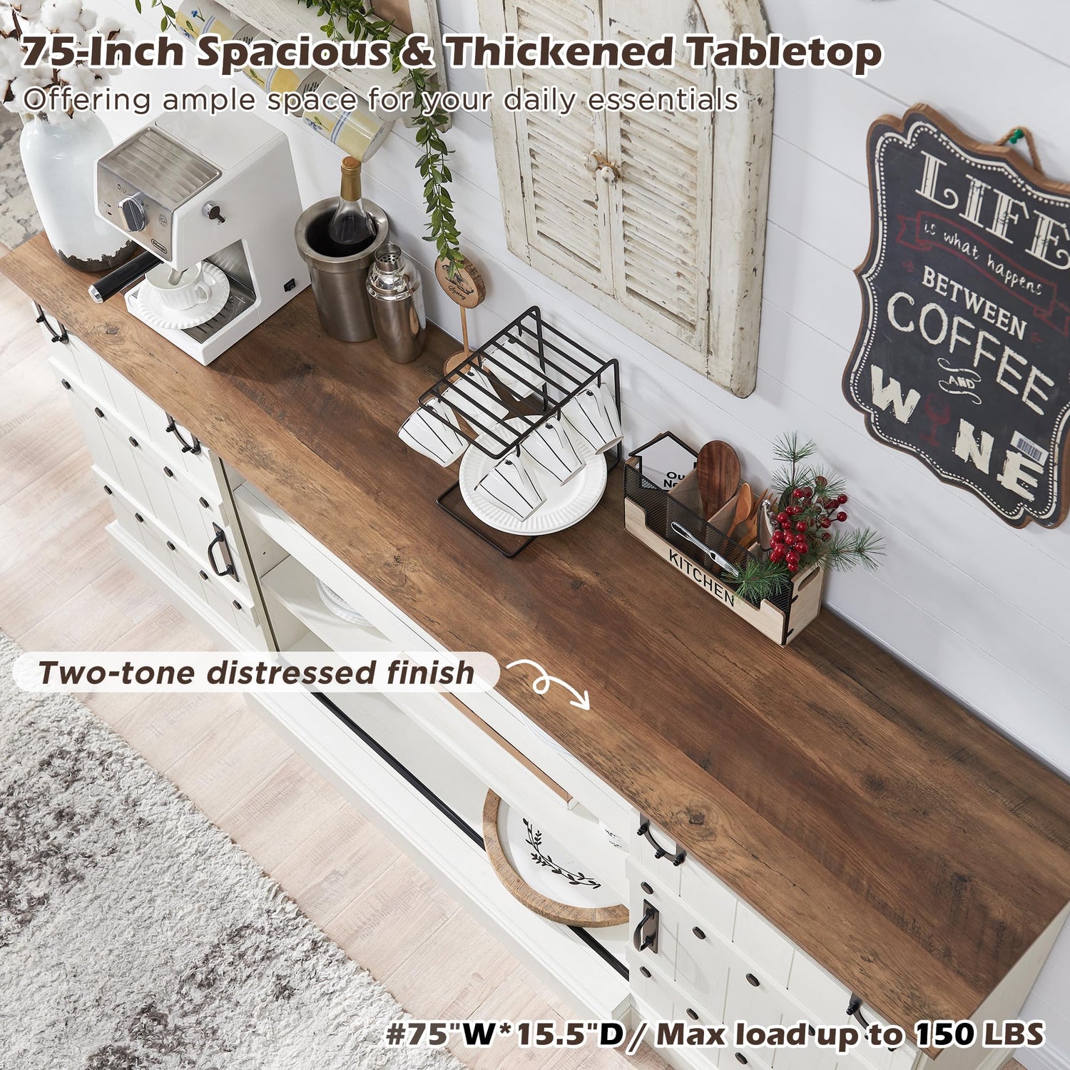 OKD 75" Sideboard Buffet Cabinet with Storage, Farmhouse TV Stand w/Sliding Barn Door, Rustic Long Coffee Bar, Large Buffet Table for Dining Room, OKD