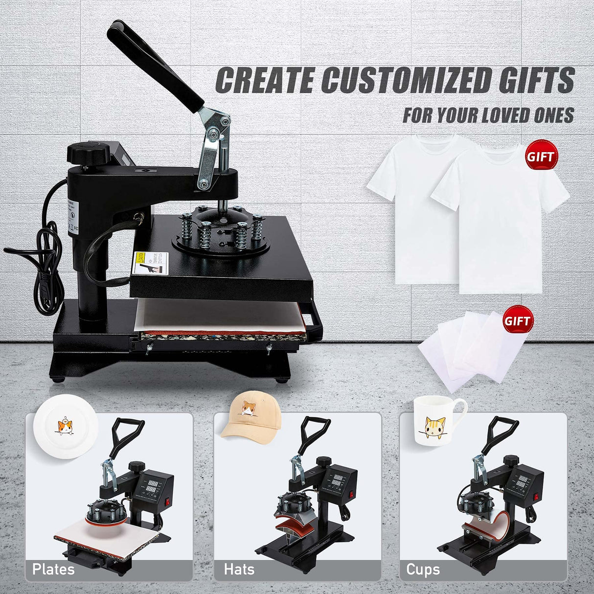 CO-Z Heat Press Machine, 8 in1 Swing Away Flat Plate Cap Mug Press Set, Professional Heat Press for T Shirts Hats Bags Tile More, Shirts Transfer CO-Z