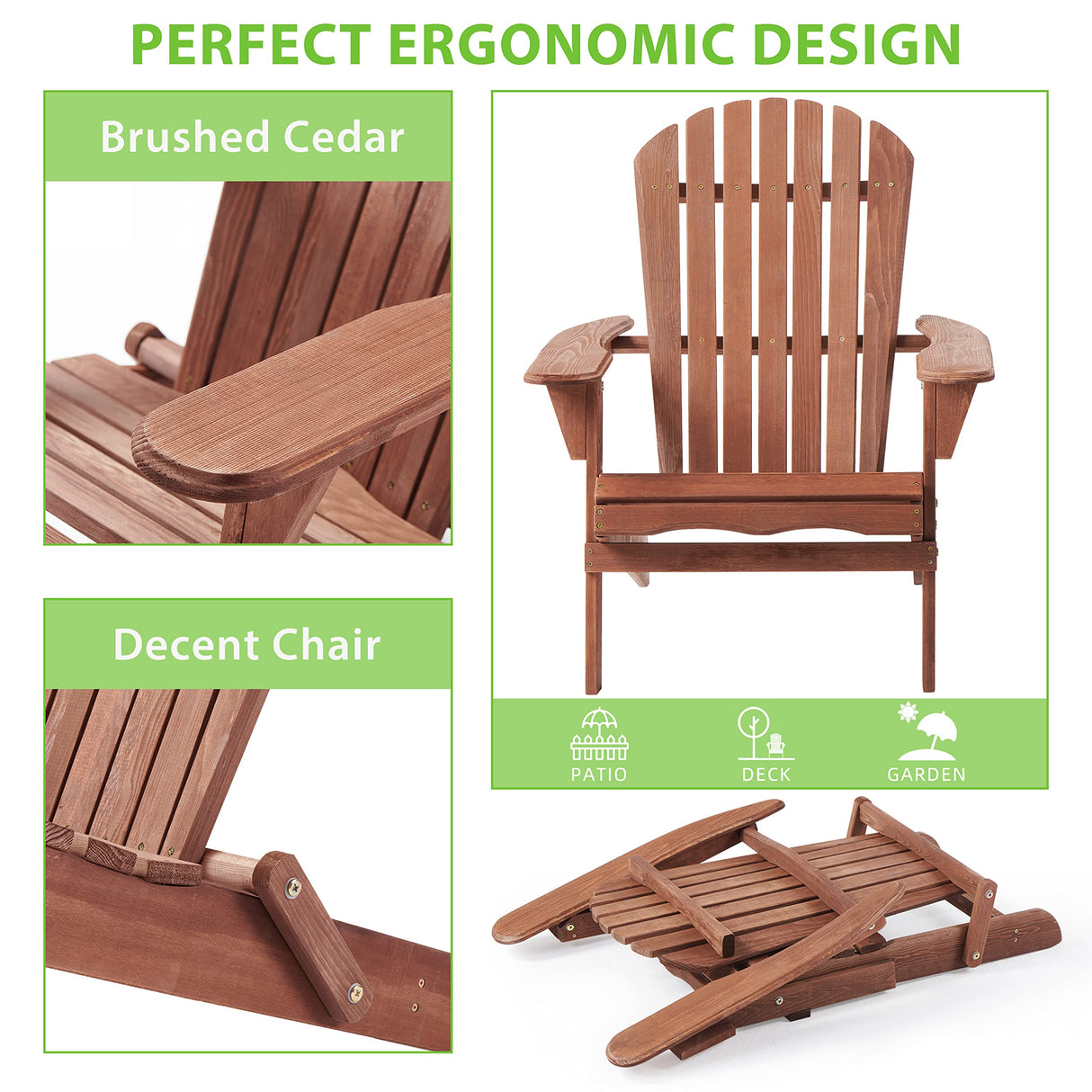 Outdoor Wooden Folding Adirondack Chair Set of 2 with Pre-Assembled BackRest, Wood Patio Chair for Garden Backyard Porch Pool Deck Firepit SoliWood