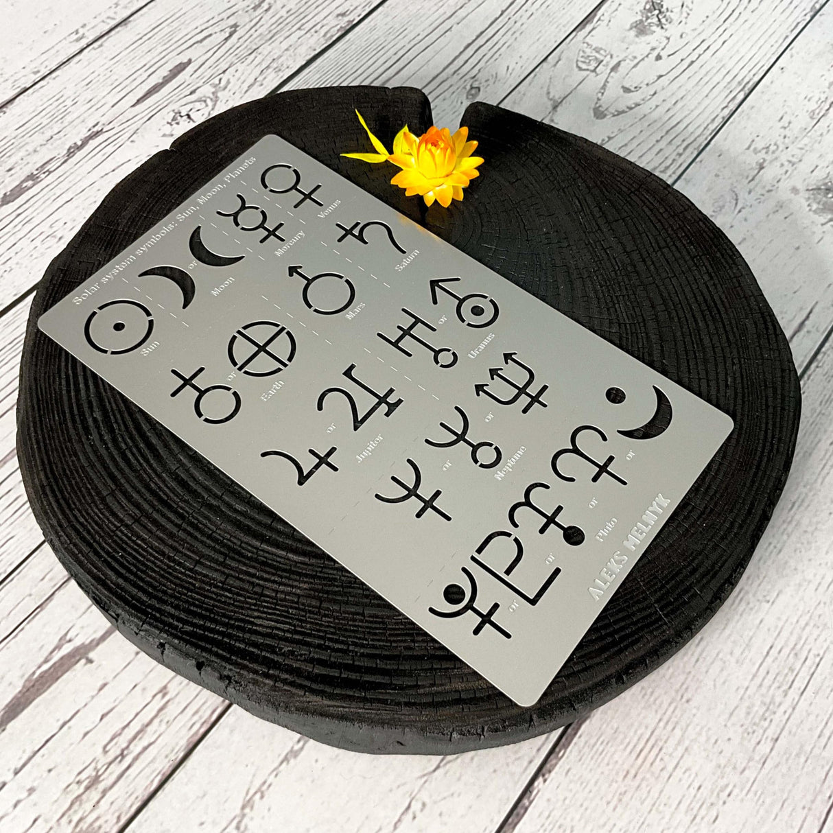 Aleks Melnyk No.413 Metal Stencil, Solar System Symbols, Sun, Moon, Planets, Small Stencil, 1 PC, Template for Wood Burning, Engraving, Crafting, Aleks Melnyk