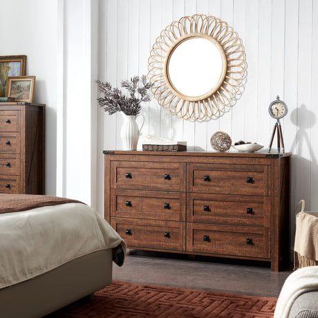 T4TREAM Farmhouse 6 Drawers Dresser Chests for Bedroom, Wood Rustic Wide Chset of Drawers,Storage Dressers Organizer for Bedroom, Living T4TREAM