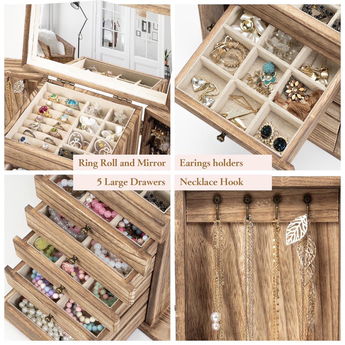 Jewelry Box for Women 6-Tier Large Jewelry Box Wooden Jewelry Boxes Rustic Jewelry Organizer Box with Mirror and Earing Display for Rings Necklaces