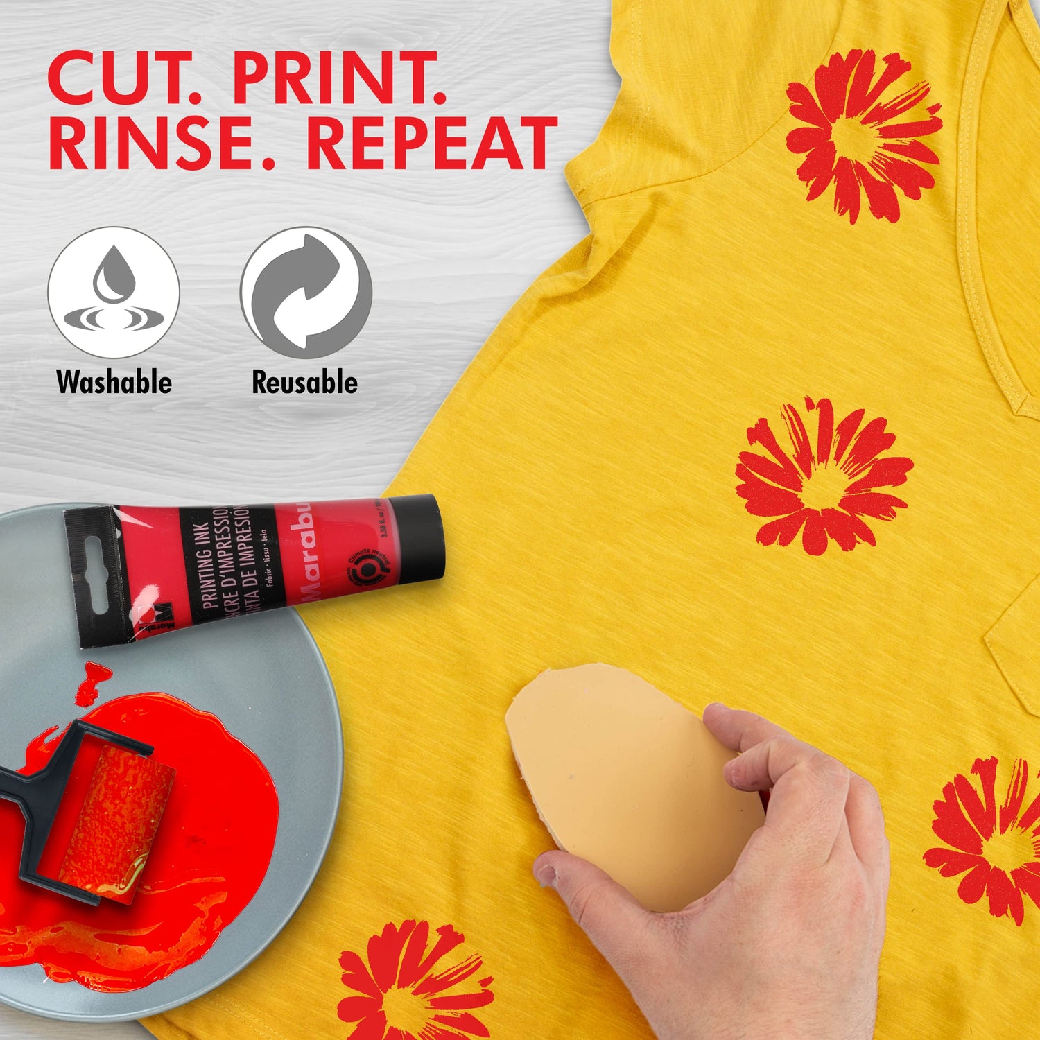 Marabu Block Printing Kit - Linocut Kit with 3 x 100ml Block Printing Ink, Cutter, Rubber Block, and Block Printing Brayer Roller - Linoleum Marabu