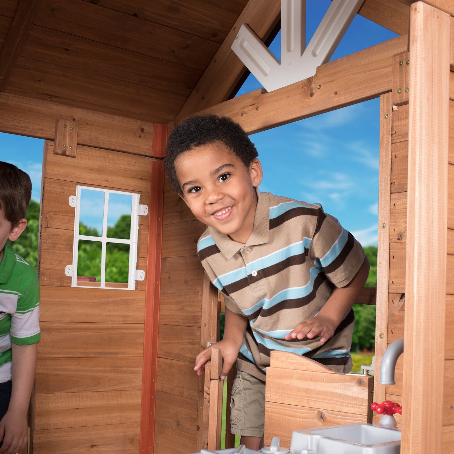 Backyard Discovery Scenic Heights All Cedar Wooden Playhouse, Upper Deck Cottage Style, Saloon Style Doors, Ladder, Stairs, Play Sink, Storage Toy - WoodArtSupply