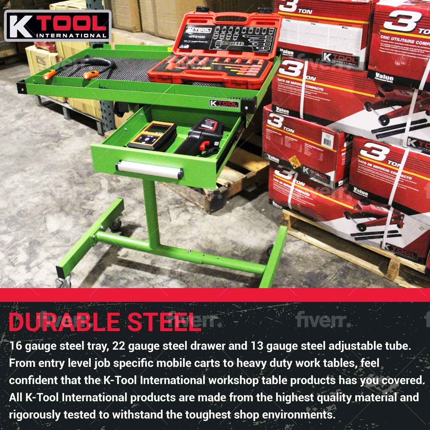 K Tool International 75108 Adjustable Tear Down Work Table with Drawer for Garages, Repair Shops, and DIY, Portable, (4) 2" Swivel Casters, 220 Pound K Tool International