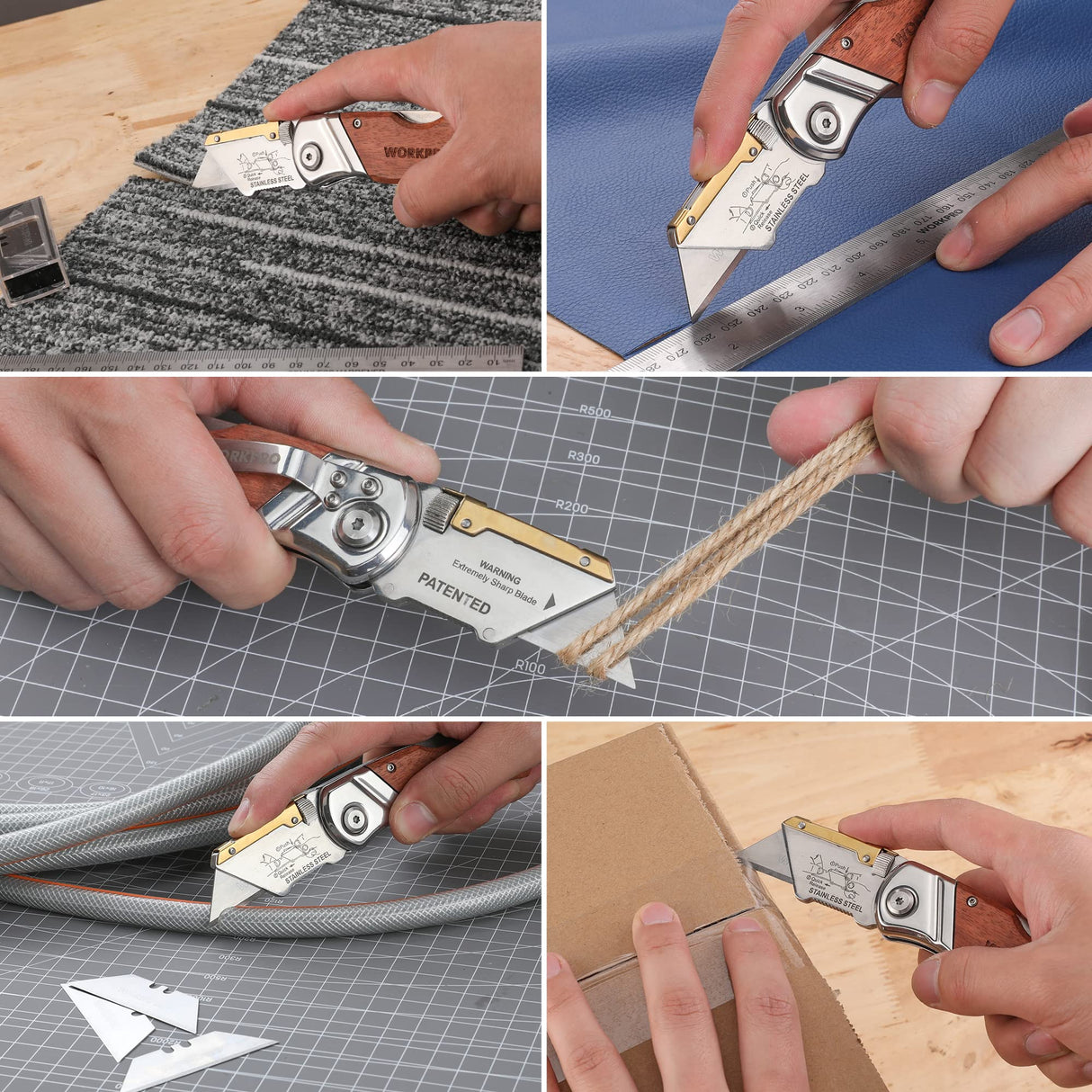 WORKPRO Folding Utility Knife with Belt Clip and Extra 10-piece Blades, Wood Handle Heavy Duty Cutter, Quick-change & Back Lock WORKPRO