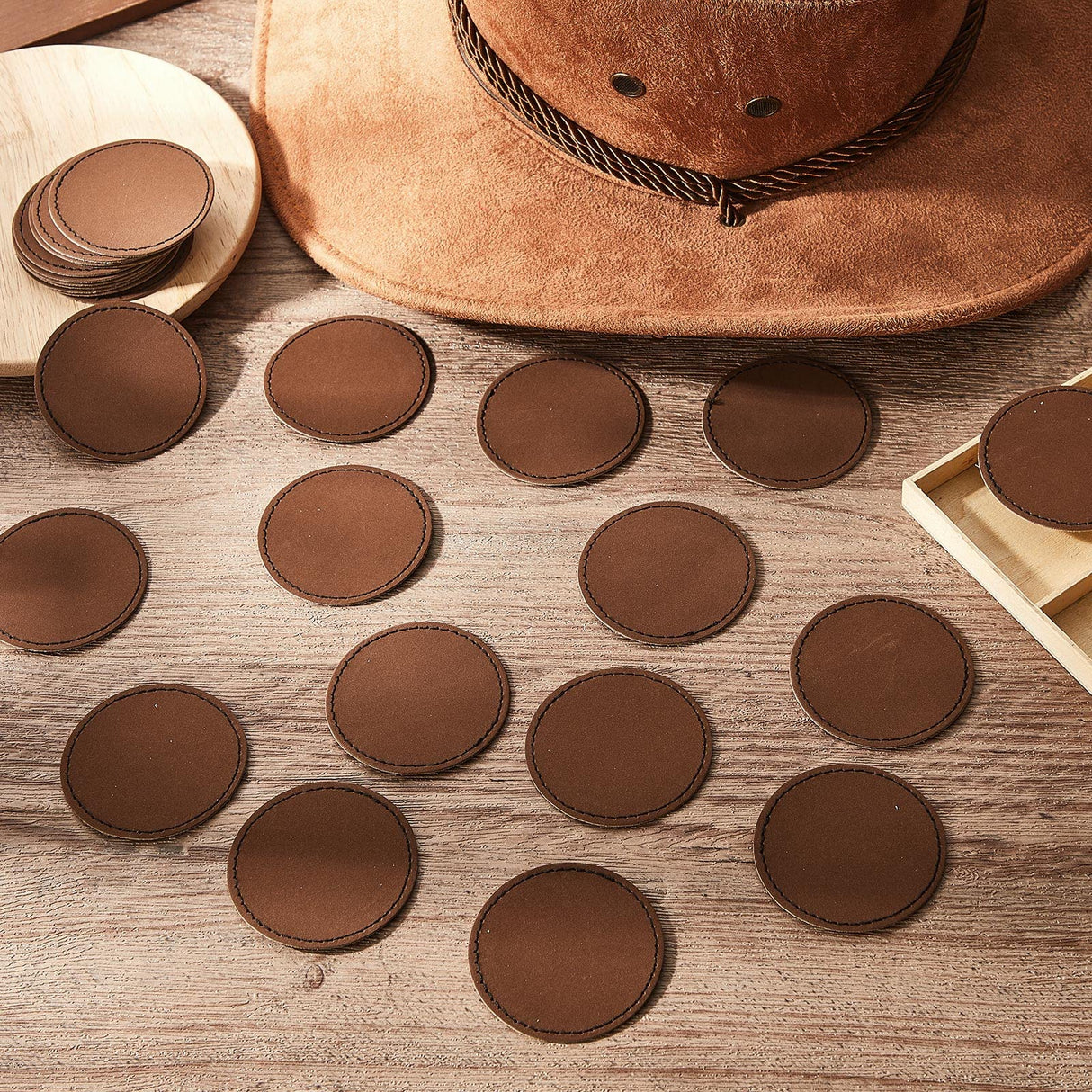 30 Pcs Blank Leather Hat Patches with Adhesive Round Laserable Leatherette Patch Brown Faux Leather Patches Glowforge Laser Supplies for Hats, Dunzy