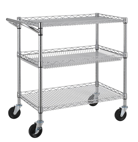 Finnhomy 3 Tier Heavy Duty Commercial Grade Utility Cart, Wire Rolling Cart with Handle Bar, Steel Service Cart with Wheels, Utility Shelf Plant Finnhomy
