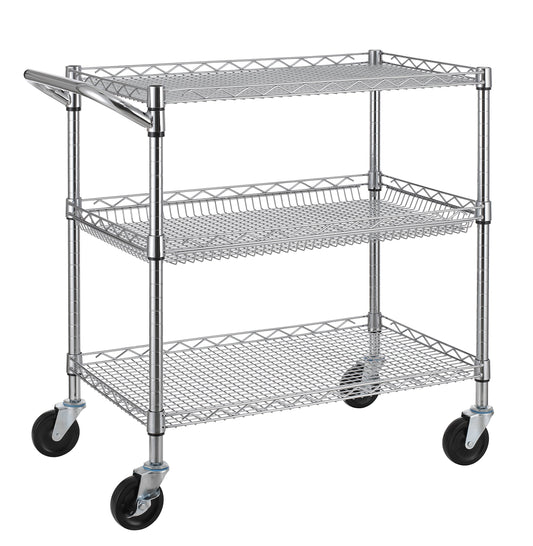 Finnhomy 3 Tier Heavy Duty Commercial Grade Utility Cart, Wire Rolling Cart with Handle Bar, Steel Service Cart with Wheels, Utility Shelf Plant - WoodArtSupply