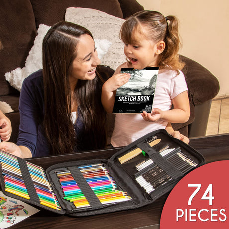 Zenacolor 74 Pack Drawing Set, Pro Art kit include Sketchbook, Colored, Graphite, Watercolor, Metallic & Charcoal Pencils for Drawing + Accessories, Zenacolor