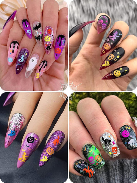 3 Boxes Halloween Nail Art Glitter Sequins, 3D Holographic Skull Spider Pumpkin Bat Ghost Witch Halloween Confetti Glitter for DIY Nail Art Halloween WoodArtSupply