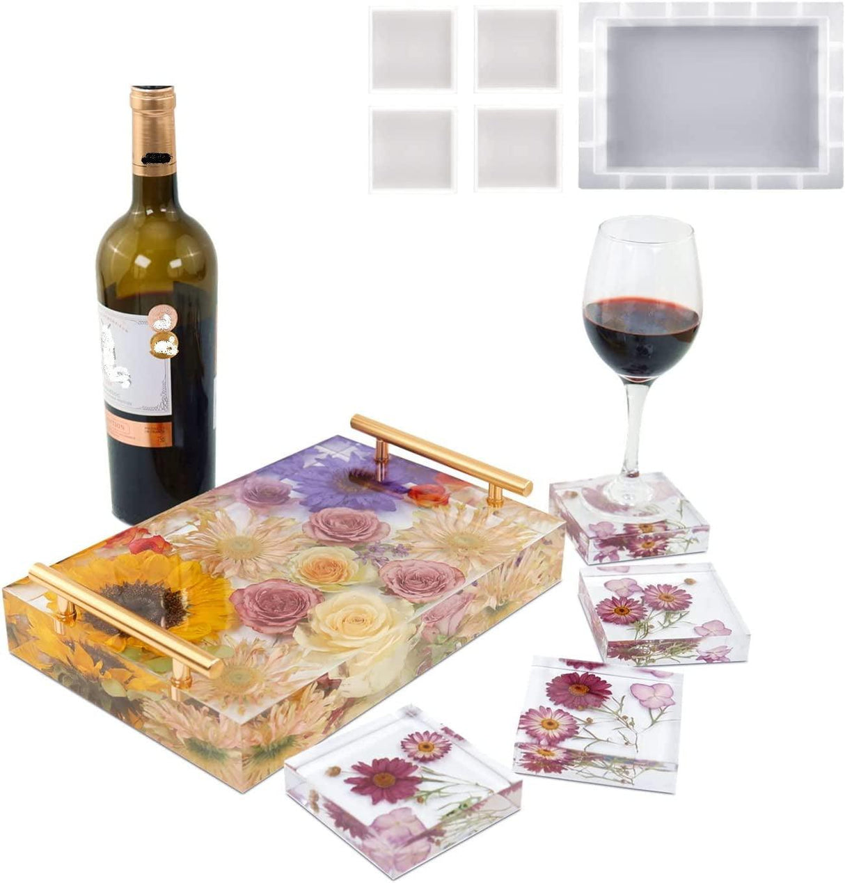 Resin Tray Molds Silicone, 13.5" Large Rectangle Deep Tray Resin Mold and 4 Piece Square Deep Coaster Molds, Silicone Tray Board Table Resin Mold & WoodArtSupply