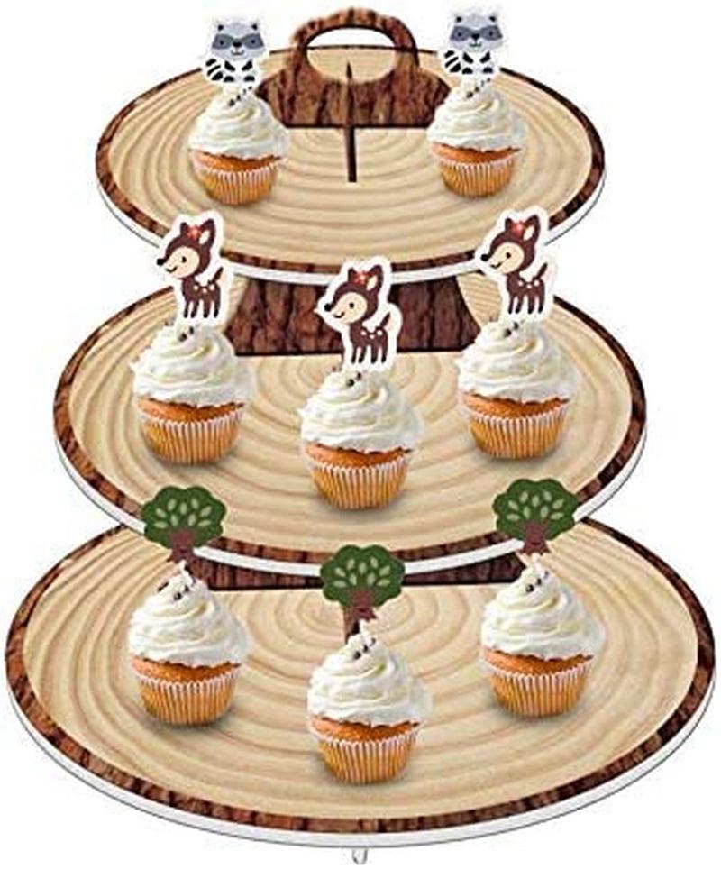 Wood-Grain 3-Tier Cardboard Cupcake Stand/Tower | Wild One, Woodland Animal Baby Shower - WoodArtSupply
