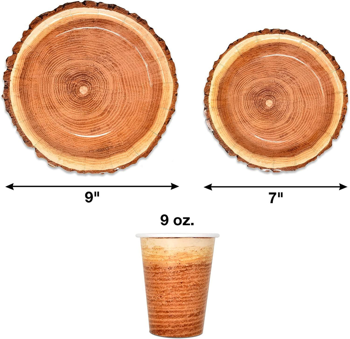 Rustic Wood Slice Paper Party Supplies Tableware Set 24 9" Plates 24 7" Plate 24 9 Oz Cups 24 Napkins WoodArtSupply