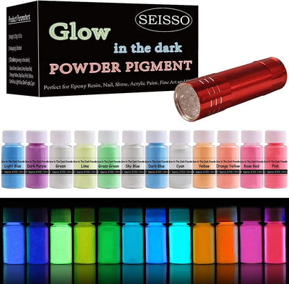 Glow in the Dark Powder 12 Colors Epoxy Resin Dye Luminous Pigment Safe Long Lasting for Fine Art, DIY Nail Art, Colorant, Acrylic Paint, DIY Crafts and Theme Party, 0.7Oz Each - WoodArtSupply